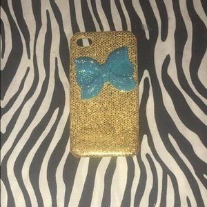 iPhone 4 Gold Glitter Case With Blue Bow